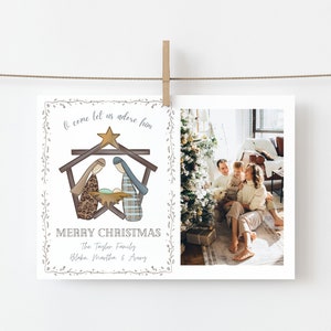 O venez l'adorer, carte de Noël, personnalisé, modèle modifiable, joyeux Noël, carte photo, religieux, crèche, bébé jésus