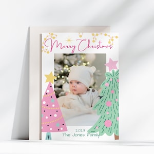 Roze kerstboom kerstkaart, bewerkbare sjabloon, kerstkaart, baby's eerste kerst, grappige kerstkaart, fotokaart, 5 x 7, DIY