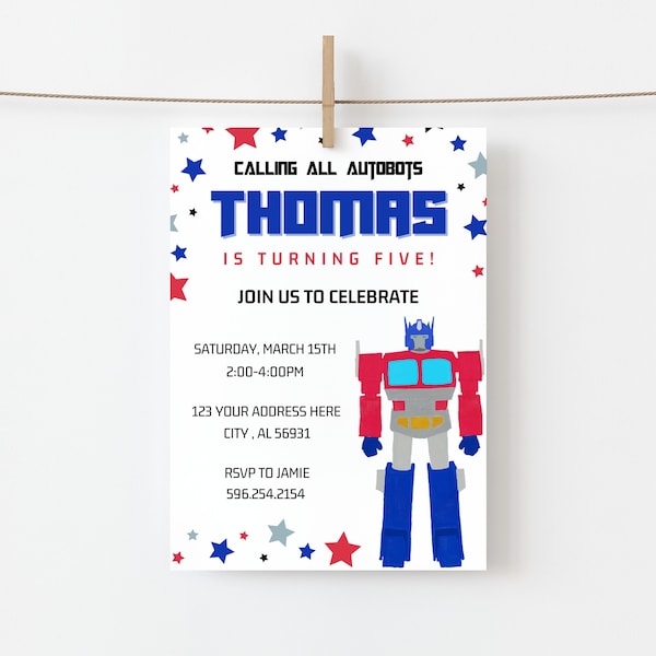 Transformers Birthday Invitation, Calling All Autobots, Robot Birthday Party, Optimus Prime, Boys Birthday Invitation, Editable Template