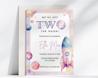 May include: A pink and purple space-themed birthday invitation with a rocket ship, planets, and stars. The text reads "We're off to the moon! Please join us to celebrate Ella Mae. Saturday, June 16th at 2pm. 123 Your Address Here, City, AL 69875. RSVP Janie at 555-986-6537."