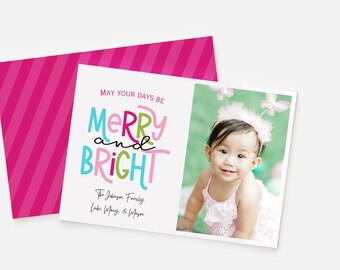 Merry and Bright, Christmas Card, Pink Christmas, Editable Christmas Card, Template, Personalized Christmas Card, Merry Christmas, Holiday