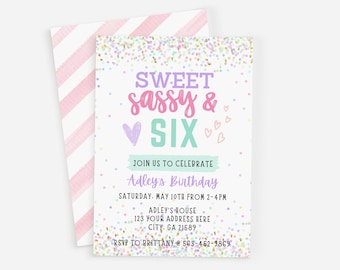 Sweet Sassy and Six Girls Birthday Invitation, Sixth Birthday Party, Pastel Confetti, Girl Birthday, Birthday Party Invite, Digital Download