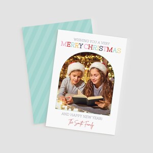 Modelo de cartão de feliz Natal, cartão de Natal colorido, modelo editável, frente e verso, cartão fotográfico, cartão de Natal divertido, cartão personalizado