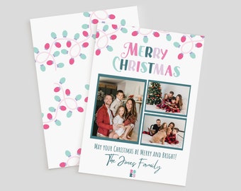 Merry and Bright, Christmas Card, Personalized Christmas Card, Family Photo, Kids Photo, Merry Christmas, Editable Template, Pink Christmas