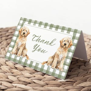 May include: Thank you card with a green and white gingham pattern. Two golden doodle dogs are pictured on the card. The text "Thank You" is printed in black.