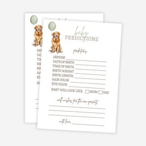 Golden Retriever Baby Shower Game Card, Neutral Color, Green Balloon, Baby Predictions Printable Game Card, Baby Guesses, Well Wishes