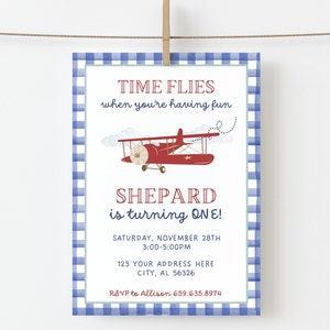 Airplane Birthday Invitation, Vintage Planes, Boy Birthday Invite, First Birthday Invite, Blue Gingham, Time Flies, Watercolor, Digital