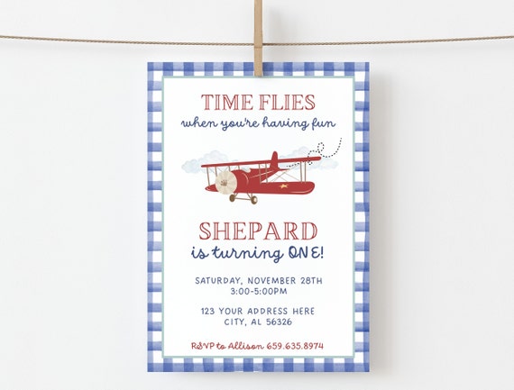 Airplane Birthday Invitation, Vintage Planes, Boy Birthday Invite, First Birthday Invite, Blue Gingham, Time Flies, Watercolor, Digital