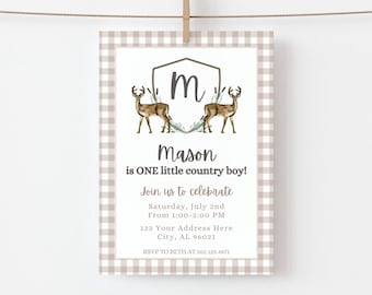 Printable Hunting Birthday Invite, ONE Lucky Buck, ONE Country Boy. The Big ONE, 1st Birthday, Hunting Theme, Whitetail Deer, Little Hunter