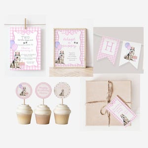 Printable Two Let the Dogs Out Party Bundle, Husky, Pink Gingham and Bows, Invitation Template, Birthday Banner, Adoption Sign, Toppers, Tag
