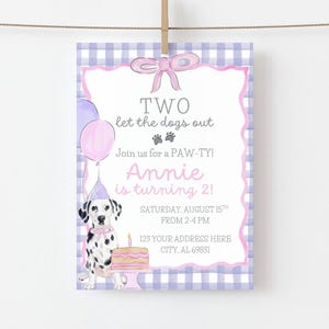 Dog Birthday Invitation, Two Let the Dogs Out, Girl Second Birthday, Puppy Theme Party, Watercolor Design, Pink Bow, Purple, Dalmatian