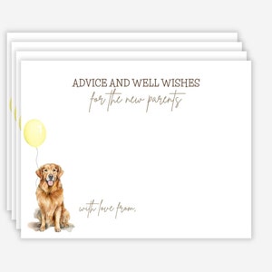 Tarjeta de baby shower con tema de perro golden retriever, tarjeta con consejos y buenos deseos, juegos para baby shower, consejos para padres, baby shower con tema de perro, amarillo