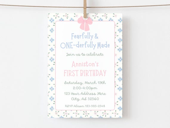 Fearfully & ONEderfully made Birthday Party Invitation, Girls First Birthday Invite, Christian, Floral Birthday Invite, Grandmillenial, Bow