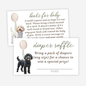 Insertos para invitaciones de baby shower, libros para tarjetas de bebé, tarjetas para rifa de pañales, garabatos dorados, juegos para baby shower, insertos para tarjetas imprimibles, tema de perro