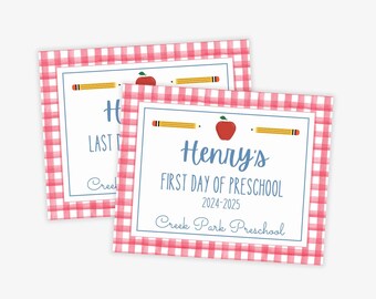 May include: Two red and white gingham patterned cards with a blue border. The top card says "Henry's First Day of Preschool 2024-2025 Creek Park Preschool" with a red apple and two yellow pencils. The bottom card says "Henry's Last Day of Preschool 2024-2025 Creek Park Preschool" with a red apple and two yellow pencils.
