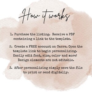 May include: A digital graphic with the words "How it works" in cursive script. The text explains the steps to purchase, personalize, and save a template. The background has a watercolor wash in shades of brown and beige.