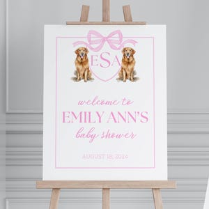 Golden Retriever Baby Shower Welcome Sign, Pink Bow Baby Shower, Monogram, Watercolor, Dog Theme Baby Shower, Party Welcome Sign, Digital
