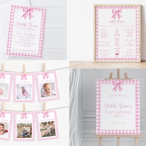 Girl First Birthday Invitation Bundle, Grandmillenial Pink Gingham First Birthday Bundle, Girls First Birthday Invite, Bundle Birthday Signs