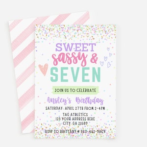 Sweet Sassy and Seven Girls Birthday Invitation, Seventh Birthday Party, Pastel Confetti, Girl Birthday Party Invite, Digital Invite
