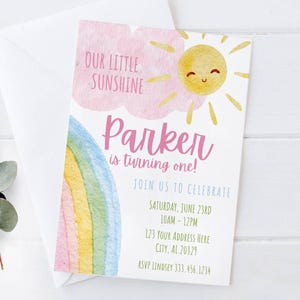 Our Little Sunshine Invitation Template, First Birthday, Sunshine and Rainbows, Watercolor, First trip around the sun Birthday Party