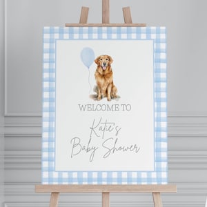 Baby shower Golden Retriever, cartello di benvenuto per baby shower, palloncino blu, neonato, baby shower a tema cane, decorazioni per baby shower, modificabili