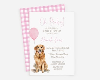 Może przedstawiać: Zaproszenie na baby shower z akwarelową ilustracją psa Golden Retriever i różowego balonu. Tekst zaproszenia brzmi "Oh Baby!" i zawiera szczegóły dotyczące wydarzenia, takie jak imię osoby honorowanej, data, godzina i miejsce.