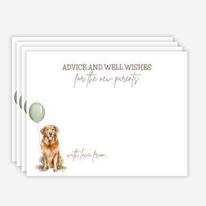 Golden Retriever Babypartykarte, Ratschläge und gut Wünsche Karte, Babypartyspiele, Ratschläge für Eltern, Hund Thema Babyparty, Grün, Neutral