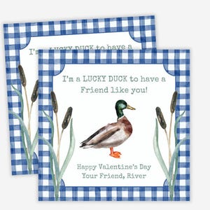 Tarjetas de San Valentín con el pato de la suerte, etiquetas imprimibles para San Valentín, pato real, San Valentín de caza, etiquetas para San Valentín para niños, etiquetas de recuerdo de fiesta, etiquetas de clase