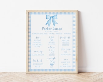 Mijlpaalbord blauw pastel, eerste jaar baby, bord eerste verjaardag jongen, blauwe strik, bijpassend mijlpaalbord, Grandmillenial-verjaardag, digitaal