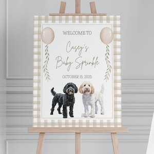 Baby Sprinkle Willkommensschild, Babypartyschild Golden Doodle, druckbares Poster, Beige Vichykaro, neutrale Farben, Thema Hund, Doodles, Aquarell