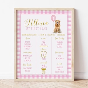 Letrero imprimible de hito de Golden Retriever, Un año dorado, Póster "Todo sobre mí", Lazo rosa, Globo rosa, Letrero de primer cumpleaños, Mi primer año