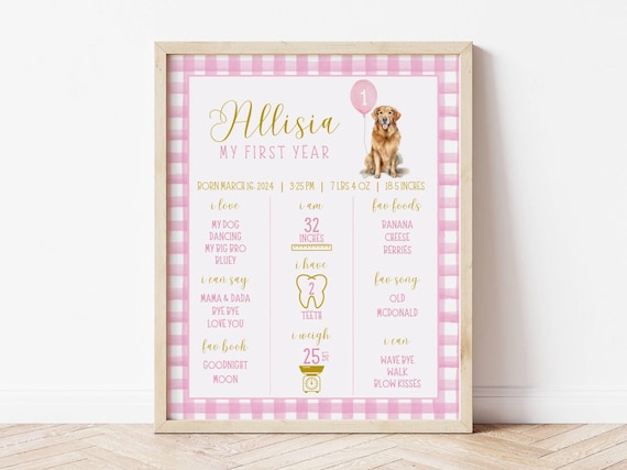 Printable Golden Retriever Milestone Sign, One Golden Year, All About Me Poster, Pink Bow, Pink Balloon, First Birthday Sign, My First Year