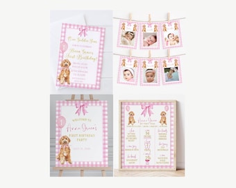 May include: A collection of pink and white gingham-patterned party decorations. Includes an invitation, photo banner, welcome sign, and a framed infographic. Each item features a cartoon dog, a pink bow, and gold text. The theme is a first birthday celebration.