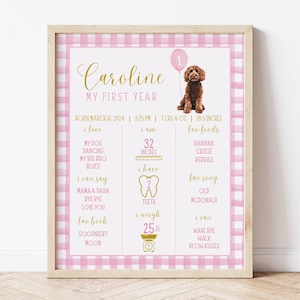 Letrero de hito de Goldendoodle, un año dorado, póster Todo sobre mí, Goldendoodle rojo, lazo rosa, globo rosa, letrero de primer cumpleaños, primer año