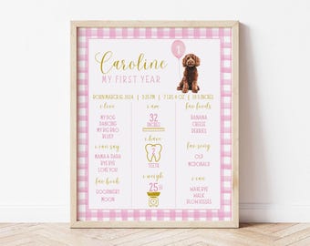 May include: A pink and white gingham printable first birthday chart for a girl named Caroline. The chart includes details about her first year, such as her weight, height, favorite foods, and things she can do. The chart also features a cute illustration of a brown dog.