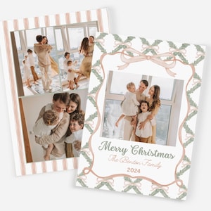 Neutrale Aquarell Weihnachtskarte, Grandmillenial Weihnachtskarte, Beige Schleife, frohe Weihnachten, Fotokarte, Familienbild, Aquarell Schleife