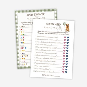 Tarjetas de juego para baby shower con tema de golden retriever, juegos para baby shower, tarjetas de juego imprimibles, temática de perros, editables, cuadros verdes, neutrales, descarga