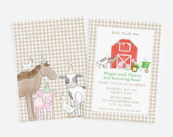 Farm Birthday Invitation, Oink Cluck Moo, Party Animals, Watercolor Farm Animals. Tan Gingham, Birthday Party Invite, Printable, Digital