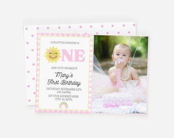 Sunshine Birthday Invitation, Our Little Sunshine Invite, Girl First Birthday Invite, Pink Gingham, ONE, Watercolor, Digitial Download