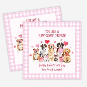 Valentinstag Geschenkanhänger, druckbare Klasse Valentinskarten, Hunde-Valentinstagskarten, Hunde-Valentinstagskarten, rosa karierte Valentinsgrüße, Aquarell Hunde