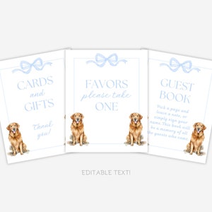 Borden Golden retriever-babyshower, tafelborden, bord gastenboek, bord kaarten en cadeaus, bord gastenboek, bewerkbaar, afdrukbaar, digitale douche