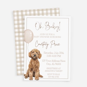 Op de afbeelding: Babyborrel uitnodiging met de tekst "Oh Baby!" en details voor de babyborrel van Courtney Price. De uitnodiging bevat een aquarel illustratie van een bruine hond en een ballon. De achtergrond is een beige en wit geblokt patroon.