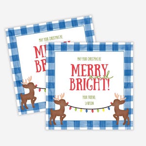 Kerstcadeaukaartjes rendier, bewerkbare cadeaukaartjes, afdrukbare kaartjes voor feestbedankjes, vrolijk en helder, blauw gingang, vrolijk kerstfeest, tags voor de feestdagen