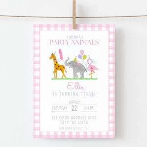 May include: Pink and white gingham party invitation with a cartoon illustration of a giraffe, elephant, and flamingo. The text reads "Calling all Party Animals Ellie is turning three! Saturday August 22 2-4PM 123 Your Address Here City, AL 12365 RSVP Jenny 563-857-1247"