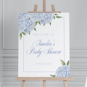Blaue Hortensie-Babyparty-Willkommensschild, Babypartyschild, blaues Blumen, Babypartydekor, bearbeitbares Zeichen, passendes Zeichen, digitaler Download