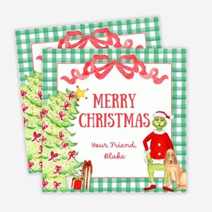 May include: Green and white gingham Christmas gift tag with a red bow, a green Christmas tree, and a cartoon Grinch character with a dog. The tag says "Merry Christmas" and "Your Friend, Blake".