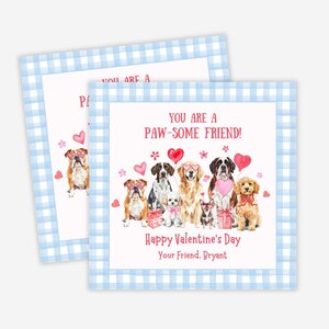 May include: A Valentine's Day card with a blue and white gingham pattern. The card features a group of dogs holding hearts and gifts. The text on the card reads "You are a paw-some friend! Happy Valentine's Day. Your Friend, Bryant."