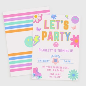 Invitación de cumpleaños editable para niñas, invitación de cumpleaños con cara sonriente, invitación de cumpleaños retro, invitación de cumpleaños de neón, vamos a festejar, fiesta genial