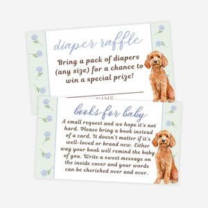 May include: Two baby shower favor cards with a watercolor illustration of a brown dog. The top card says "diaper raffle" and the bottom card says "books for baby".