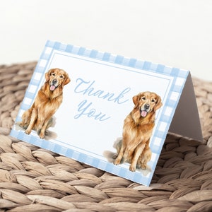 Biglietto di ringraziamento Golden Retriever, Biglietto di ringraziamento per baby shower, Biglietto piegato, Biglietto per tenda, Percalle blu, Biglietto per baby shower ragazzo, Stampabile, Digitale